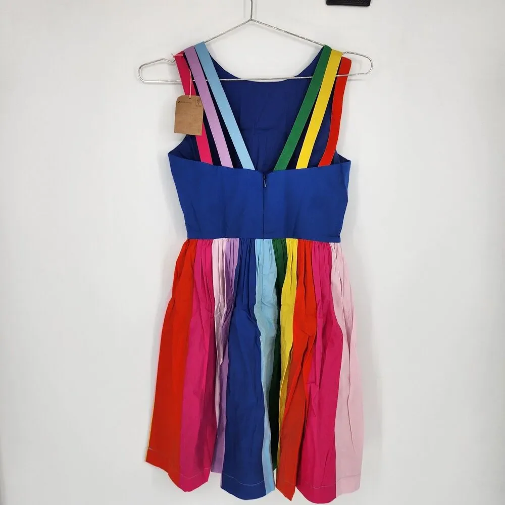 Mini Boden 11-12YR Sapphire Blue Rainbow Multi Strap Flare Dress NWT